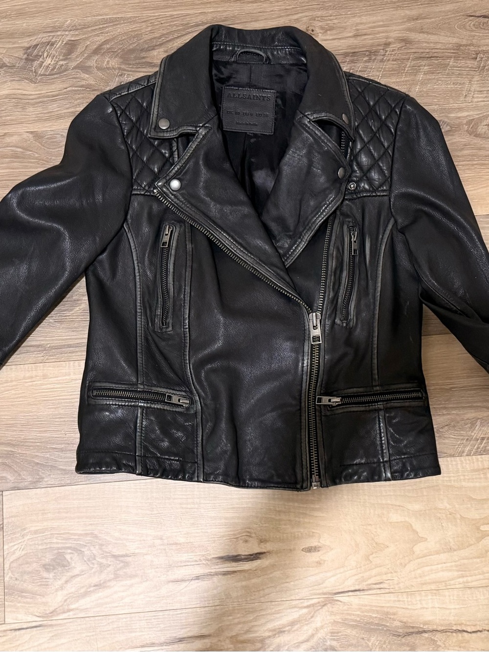 ALL SAINTS Black CARGO BIKER Bomber style with zipper,quilted detail.